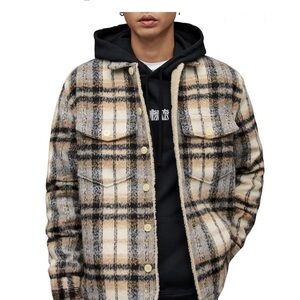 All Saints Beige and Black Plaid Shirt Jacket